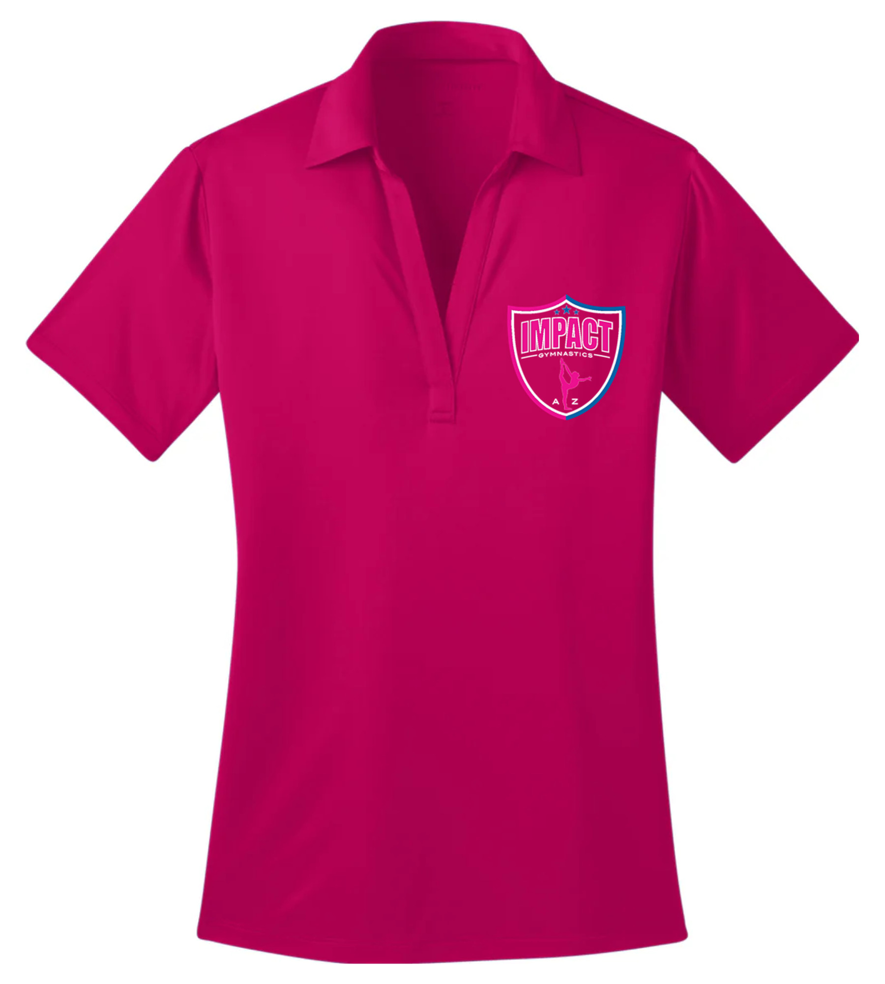 Port Authority Ladies Silk Touch Performance Polo Pink Raspberry with Impact Gymnastics